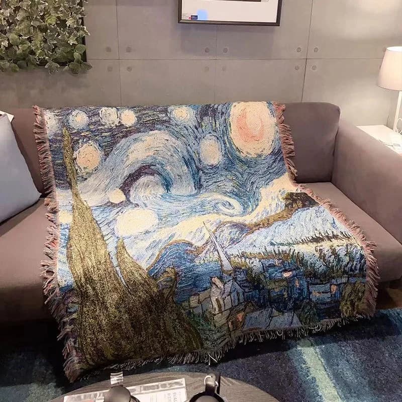 Van Gogh „Žvaigždėta naktis“ sofos užklotas, medvilnės mišinio dekoratyvinis uždangalas